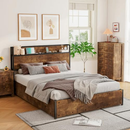 LUXOAK Full Size Lift Up Storage Bed, Wood Platform Bed Frame with Storage Headboard & Charging Station, No Box Spring Needed, Easy Assembly, Rustic - WoodArtSupply