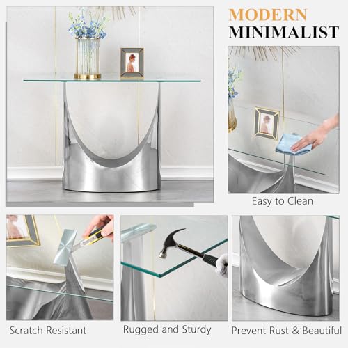 Modern Entryway Console Table with Tempered Glass Top & U Shape Stainless Steel Pedestal Base, Long Consle Table Behind Couch, Hallway Table for Entryway, Living Room Console Table, Foyer Table,Silver TehRecBT