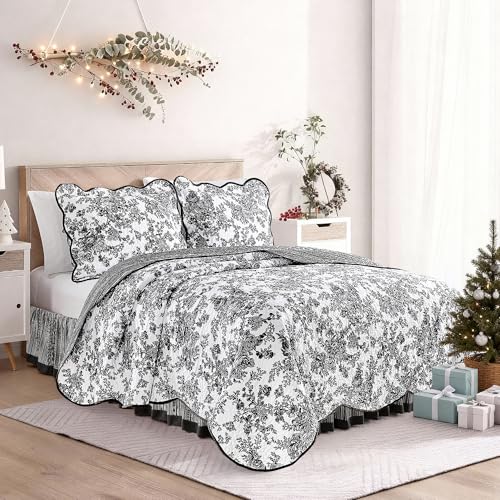Wonderful 100% Cotton Black Floral Quilt Set Queen Size Bedding Sets with Pillow Shams and Bed Skirt, 4 Pieces Floral Bedspread Coverlet Set, Quilted Blanket Bed Cover for All Season, 88"x90" Wonderful