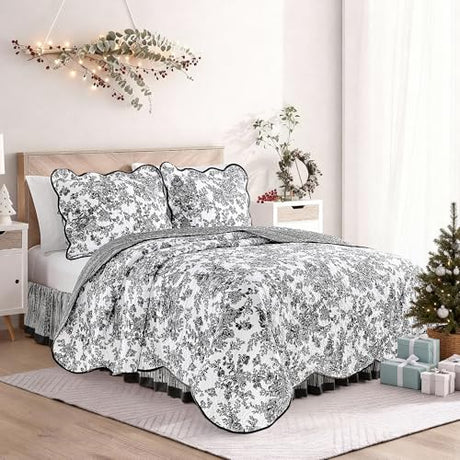 Wonderful 100% Cotton Black Floral Quilt Set Queen Size Bedding Sets with Pillow Shams and Bed Skirt, 4 Pieces Floral Bedspread Coverlet Set, Quilted Blanket Bed Cover for All Season, 88"x90" Wonderful