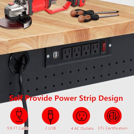 Adjustable Height Workbench,60" x 22" Worktable,Heavy Duty Rubberwood Top,2000LB Capacity,Metal Frame, Lockable Wheels, Power Outlets – Garage & Workshop Table – Black FinerFurnis