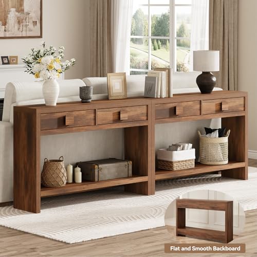 ONBRILL Console Table with Drawers, 47 Inch Narrow Entryway Table with Open Storage Shelves, Mid Century Modern Hallway Accent Tables Behind Couch Table for Living Room (Vintage Brown) ONBRILL