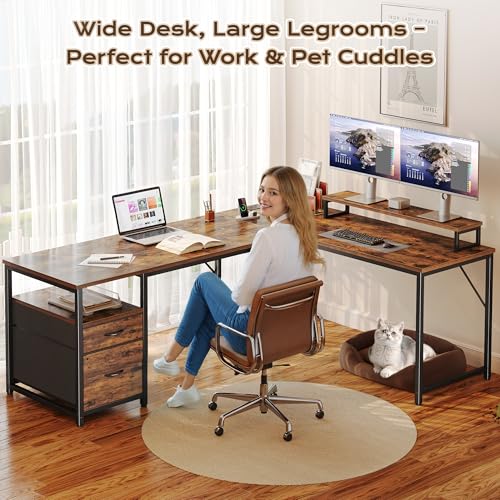 PRAISUN 63 Inch L Shaped Desk with Power Outlets and USB-C Port, Computer Corner Home Office Desk with File Fabric Drawers and Movable Monitor Stand, Larger Storage, Gaming, Writing, Rustic Brown PRAISUN