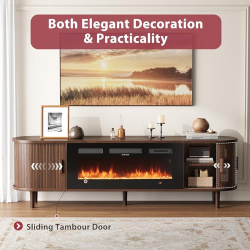 OneBlis 70" Mid Century Modern TV Stand with Fireplace, Fluted Fireplace TV Stand, Entertainment Center with Sliding Door, TV Console with Solid Wood Legs for Living Room, Walnut OneBlis