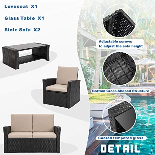 Shintenchi 4-Piece Outdoor Patio Furniture Set, Wicker Rattan Sectional Sofa Couch with Glass Coffee Table | Black - WoodArtSupply