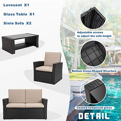 Shintenchi 4-Piece Outdoor Patio Furniture Set, Wicker Rattan Sectional Sofa Couch with Glass Coffee Table | Black - WoodArtSupply