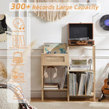 LELELINKY Record Player Stand, Natural Oak Wood Record Holder with Vinyl Storage Holds up to 300+ Albums, 3-Tier Rattan Media Table with Vinyl Display Shelf, Record Storage Cabinet for Living Room LELELINKY