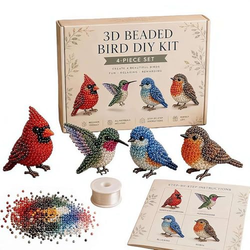 Wmool Tiny 3D Beaded Animal DIY Kit, Easy DIY Beading Embroidery Kit with 4 Cute Designs, 3D Animal Themed Beadwork Kit for Beginners & Craft Enthusiasts, with Instructions