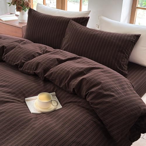 BESTDESIL Striped Duvet Cover Set 100% Washed Cotton Linen Like Soft Feelling Breathable Bedding(Pine Bark Brown/Black Strip,Full) BESTDESIL
