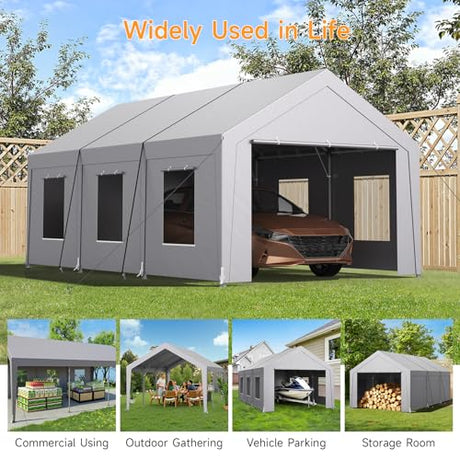 Carport 12x20 ft Heavy Duty, Car Port with Reinforced Steel Frame and 6 Roll-up Windows, Portable Garage with Removable Sidewalls, Water-Proof All-Season Car Canopy for Boat, Truck, Light Grey ONBRILL