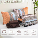 LXWORX Boho Comforter Set Queen - 7 Pieces Bed in a Bag, Bohemian Striped Comforter Set with Sheets, Soft Microfiber Brown Floral Bedding Set for All Season (Brown, Queen) LXWORX
