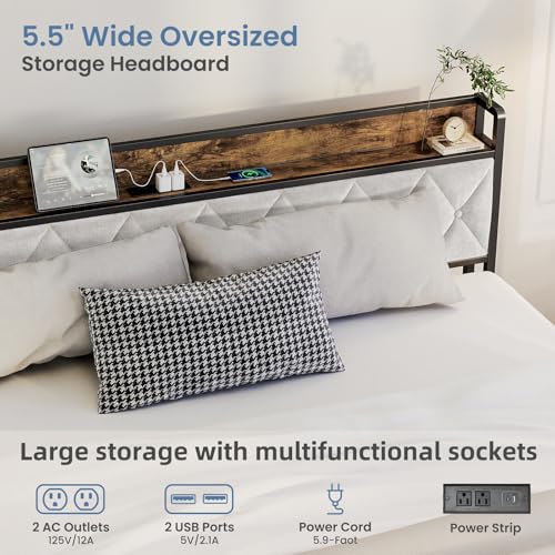DUMOS Queen Bed Frame with Headboard, Storage Headboard with USB Charging Station, Durable Squeak-Free Frame, Simple No-Tool Assembly,Works with Queen Mattress No Box Spring Needed DUMOS