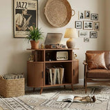 35” Mid Century Record Player Stand, Round Record Storage Cabinet with Charging Station, Turntable Stand Holds up to 150+ Albums, Vinyl Record Player Shelf for Media Stereo Audio, Living Room, Walnut Quelthar