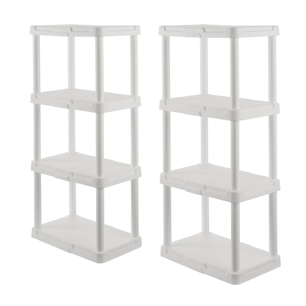 CX 4-Tier (48”H x 22”W x 14.25”D) Plastic Storage Shelving Unit (White) 2-Pack, Light Duty, 50lbs Per Shelf Capacity, Indoor Storage and Organization in Home, Garage, Office with Easy Assembly CENTREX