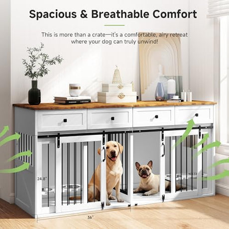 Real Relax 71” Large Dog Crate Furniture for 1 or 2 Dogs with Sliding Door, Heavy Duty Dog Kennel Furniture for Small/Medium Dogs with 4 Bowls, Dog Cage with Steel Frame, White Real Relax