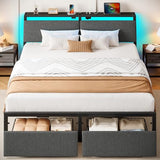 Rolanstar Full Size Bed Frame with Ergonomic Headboard Storage & Charging Station, Upholstered Platform Bed with LED Light & Drawer, Heavy Duty Metal Slats, Noise Free, No Box Spring Needed, Grey Rolanstar