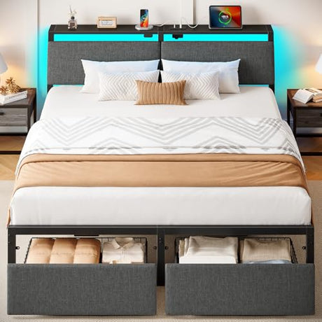 Rolanstar Full Size Bed Frame with Ergonomic Headboard Storage & Charging Station, Upholstered Platform Bed with LED Light & Drawer, Heavy Duty Metal Slats, Noise Free, No Box Spring Needed, Grey Rolanstar
