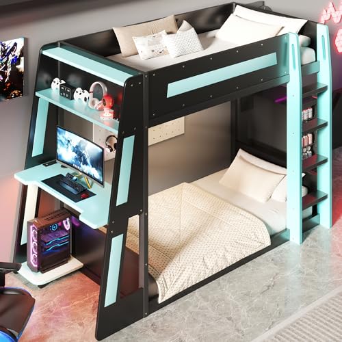 Brabrety Wooden Gaming Bunk Bed with Desk,Two Storage Shelves,USB and LED Light,for Kids Teens Bedroom Use (Black+Blue-D, Twin Over Twin) Brabrety