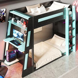 Brabrety Wooden Gaming Bunk Bed with Desk,Two Storage Shelves,USB and LED Light,for Kids Teens Bedroom Use (Black+Blue-D, Twin Over Twin) Brabrety