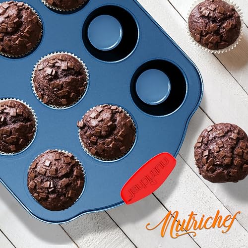 NutriChef 10-Piece Nonstick Bakeware Set - Premium Carbon Steel Baking Pans w/Silicone Handles - Includes Pizza Tray, 12 & 24 Cup Muffin Pans, Cookie Sheets, Round & Square Pans, Loaf Pan - Blue NutriChef