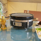 AUPLEX Yakitori Ceramic Charcoal Grill, Japanese Style Tabletop BBQ With Bamboo Heat Shield For Indoor/Outdoor, Round, DIA-14” AUPLEX