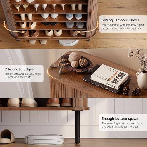 ONBRILL 6-Tier Shoe Cabinet with Sliding Door, Wooden Shoe Storage Cabinet with Adjustable Shelves, Mid-Century Modern Freestanding Shoe Storage Organizer for Entryway, Hallway, Living Room, Walnut ONBRILL