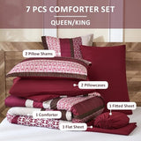 DJY Boho Comforter Set King Size,7 Pieces Bed in a Bag Burgundy Red Striped Bedding Sets,Patchwork Soft Microfiber Bedding Set for All Season(104"x90") DJY