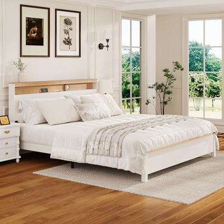 HoldoLife Bed Frame with Tall Headboard, King Size Platform Bed with Charging Station & LED Light, Modern Bedframe, Metal Support No Box Spring Needed, White Oak Finish HoldoLife