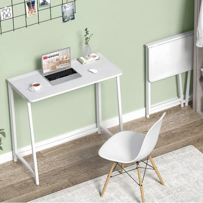 WOHOMO Folding Desk, 31.5" Small Desk for Small Spaces, Easy Assemble Foldable Computer Desk for Laptop, Mini Portable Working Table Narrow Wooden Writing Workstation for Home Office, White - WoodArtSupply