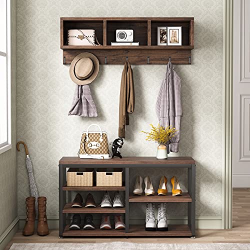 Tribesigns Industrial [Shoe] [Rack] [Bench] with Coat [Rack] Set With Hall Tree, 3 Storage Cubbies, 7 Hooks for Entryway, Hallway, 5-in-1Design, Rustic Brown - WoodArtSupply