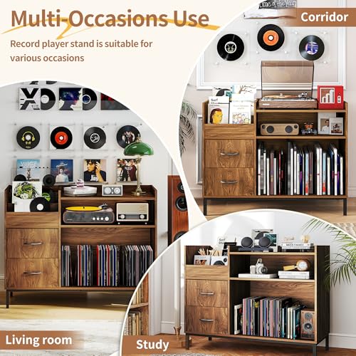 FLIXELIO Record Player Stand with Vinyl Storage and Drawers, 500+ Vinyl Record Storage Cabinets with Metal Legs Turntable Stand Mid Century Modern Record Player Table for Living Room FLIXELIO