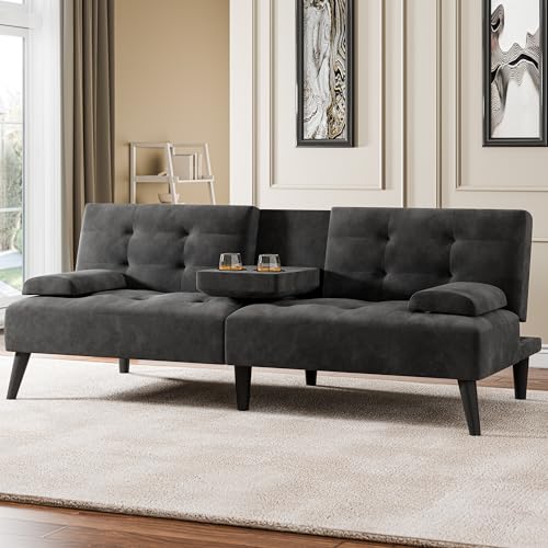 Meilocar 64" Futon Sofa Bed, 64" Convertible Loveseat with 2 Cup Holders, Small Couch with 3 Adjustable Angles & Removable Armrest, Modern Sleeper Sofa for Apartment,5.3 FT, Black Meilocar
