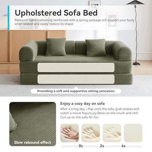QQR Sleeper Sofa, Comfy Convertible Folding Couch-Futon-Corduroy Fabric Sleeper Sofa Bed with 2 Pillow, Removable Soft Cushion for Small Living Room Dorm/Bedroom/College/Office (Light Green) QQR