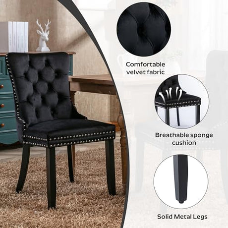 SIZOTA 5-Piece Dining Table Set with 47In Tempered Glass Table and 4 Velvet Upholstered Chairs, Modern Scandinavian Furniture for Dining Room Kitchen(Black) SIZOTA