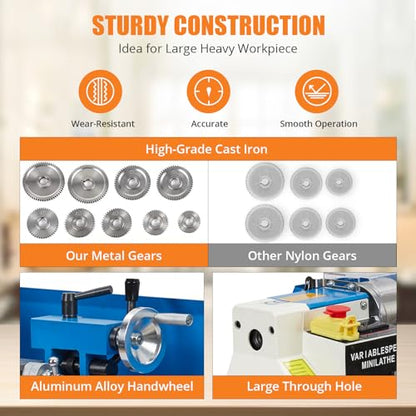 Mini Metal Lathe, 7"x14", Benchtop Metal Lathe, 550W Variable Speed 2250 RPM Metal Lathe, with 9 Metal Gear Mini Lathe Machine, Precision Mini Lathe w/Tool Box Digital Display for Metal Turni - WoodArtSupply