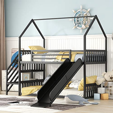 Twin Over Twin Bunk Bed with Slide and Storage Stairs, Heavy Duty Bunk Bed/House Bunk Bed Twin Over Twin, Twin Floor Bunk Beds for Kids, Girls, Boys(Twin Over Twin Black) Bellemave