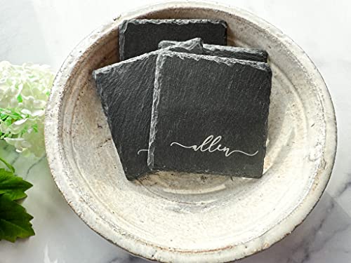 Engraved Slate Coasters for Drinks Custom Coaster Set Monogrammed Initial Name Personalized Gift for Couples Handmade by The Painted Pug (Engraved Slate) The Painted Pug