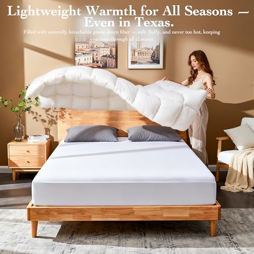 Gehtmnl Goose Down Fiber Comforter King Size – All Season Naturally Breathable Down Comforters, Luxury Hotel Collection Duvet Insert with 8 Corner Tabs, Cotton Fabric & Baffle Box (White,65oz Fill) Gehtmnl