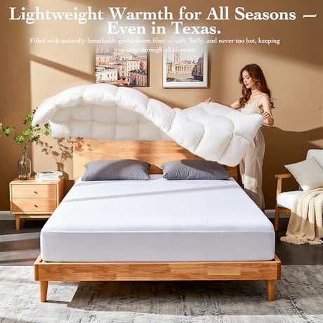 Gehtmnl Goose Down Fiber Comforter King Size – All Season Naturally Breathable Down Comforters, Luxury Hotel Collection Duvet Insert with 8 Corner Tabs, Cotton Fabric & Baffle Box (White,65oz Fill) Gehtmnl