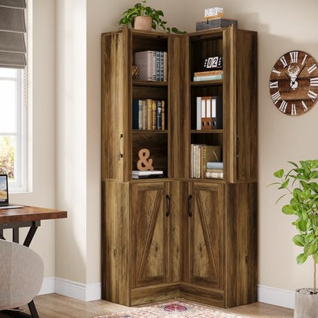 Tribesigns Corner Pantry Cabinet, 67" Tall Kitchen Pantry with Doors and 5-Tier Storage Shelves, Farmhouse Wooden Corner Bar Cabinet for Home, Living Room, Bar, Kitchen, Rustic Brown Tribesigns