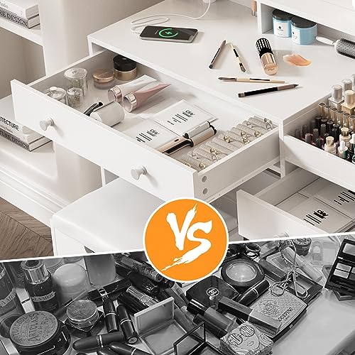 Vabches Vanity with Mirror and Lights, Makeup Vanity Table with Charging Station, Cute Vanity Set with Comfortable Bench, Big Vanity with 3 Storage Compartments, 39.8inch, White Vabches