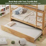 Repantes Full Over Full Bunk Bed with Trundle, Solid Rubberwood, High Weight Capacity, Converts to 2 Full Beds, with Safety Rails for Kids, Teens and Adults, Nature Repantes