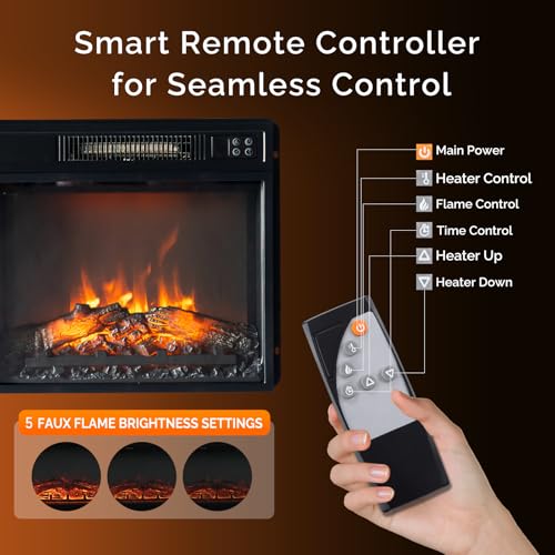 Bonnlo 18" Electric Fireplace Insert, 1400W Wall-Mounted, Recessed or Freestanding Heater, 6 Flame Colors, 5 Brightness Levels, 6-Hour Timer, Quiet, Safe, for Rooms up to 400 sq.ft Bonnlo