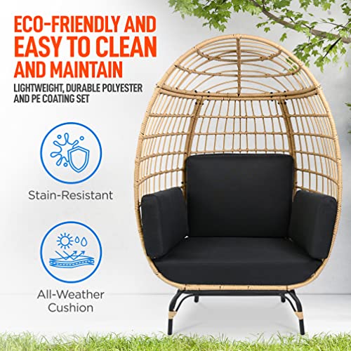 Jovial Wicker Rattan Egg Chair,Indoor Outdoor Black Sofa Chair for Patio Backyard and Living Room with 4 Cushions and Powder Coated Steel Frame,Woven Texture Contemporary Ribbed Back Design SereneLife