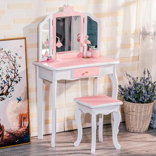 GAOMON Kids Vanity, Girls Vanity Table with Tri-Folding Mirror,Stool & Drawer, 2 in 1 Wooden Princess Makeup Desk Dressing Table, Toddler GAOMON