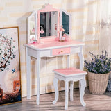 GAOMON Kids Vanity, Girls Vanity Table with Tri-Folding Mirror,Stool & Drawer, 2 in 1 Wooden Princess Makeup Desk Dressing Table, Toddler GAOMON