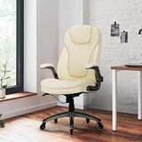 COLAMY Ergonomic High Back Office Chair, Ivory Bonded Leather Executive Desk Chair with Flip-up Arms, Thick Cushion, Silent Nylon Wheels, Adjustable Height & Rocking Function, 300lbs Capacity COLAMY