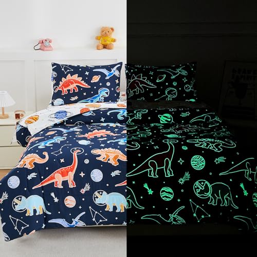A Nice Night 5pc Glow in The Dark Kids Comforter Set,Dinosaur Galaxy Printed, Space Bedding Set Twin Size for Boys Girls Teen A Nice Night