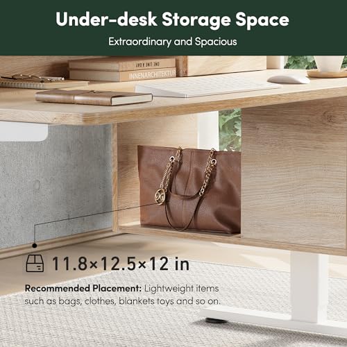 FEZIBO Electric Standing Desk 48 x 24 Inch with Monitor Shelf, 3 Drawers and Open Storage, Home Office Computer Workstation, Maple, 2 Packages FEZIBO