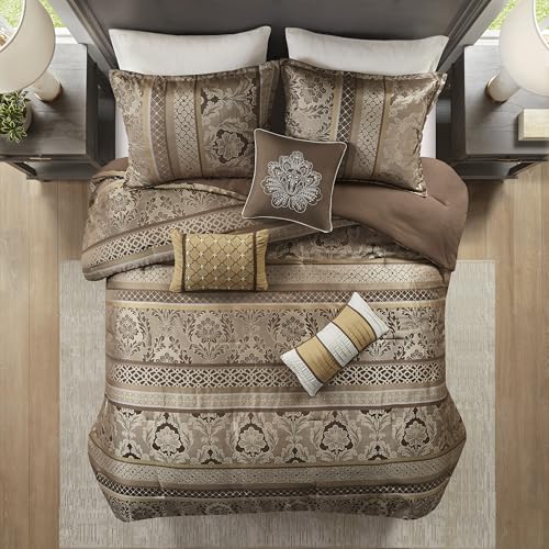 Madison Park Bellagio Cozy Comforter Set - Luxurious Jaquard Traditional Damask Design, All Season Down Alternative Bedding with Matching Shams, Decorative Pillow, Queen(90"x90"), Brown/Gold 7 Piece Madison Park